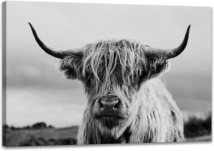 Highland Cow Wall Art Canvas Print Black and White Animal Canvas Picture Framed Art Wall Decor for Bedroom Bathroom (24x36 inch)