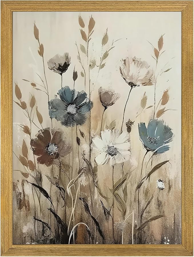 Yaneiro Wood Framed Vintage Wildflower Wall Art, Boho Canvas Wall Decor Paintings, Sage Flower Bathroom Decor, Countryside Farmhouse Landscape Posters Print for Bedroom Hallway Living Room 16x24 Inch