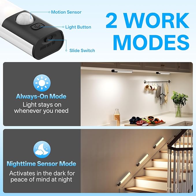 Under Cabinet Lighting,LED Closet Lights,Rechargeable Motion Sensor Light Indoor,3 Colors Dimmable,Magnetic Installation for Kitchen,Wardrobe,Bedroom,Drawer 6Pack
