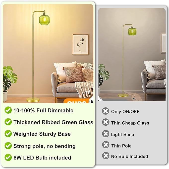 Vinaco Glass Arc Floor Lamps for Living Room, Brused Gold Floor Lamp with Ribbed Glass Shade, Dimmable Tall Lamps with Rotary Switch, Modern Standing Lamp with Bulb Included for Bedroom, Study Room