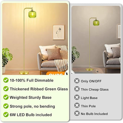 Vinaco Glass Arc Floor Lamps for Living Room, Brused Gold Floor Lamp with Ribbed Glass Shade, Dimmable Tall Lamps with Rotary Switch, Modern Standing Lamp with Bulb Included for Bedroom, Study Room