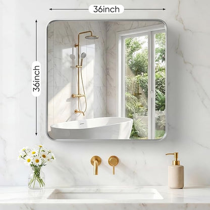 NEWBULIG 36X36 Inch Bathroom Mirror for Over Sink, Wall Vanity Mirrors Tempered Glass, Anti-Rust Metal Framed Rounded Rectangle, Hangs Horizontally or Vertically, Farmhouse Home Decor, Silvery