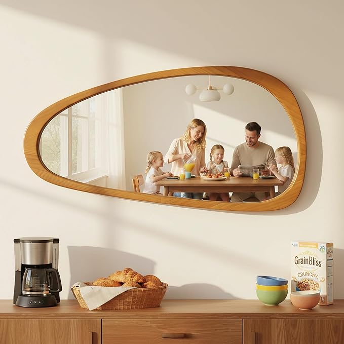 Solid Wood 48"x24" Large Aesthetic Wabi-Sabi Statement Mirror, Warm Walnut Full Length Irregular Mirror, Modern Organic Asymmetrical Wooden Wall-Mounted Mirror, Honey Walnut