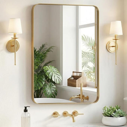 Sweetcrispy Bathroom Wall Mirror, 36x24 Inch Wall Mount Mirror for Over Sink, Modern Rounded Rectangle Vanity Mirror with Matte Metal Framed, for Home Decor, Living Room, Bedroom, Gold