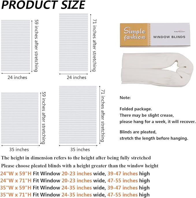 Window Blinds Cordless No Drill Cut to Size Clip On Stick On Self Adhesive Temporary Blinds Pleated Paper Blinds for Windows Doors Shades for Home Nursery Bedroom Kitchen Bathroom
