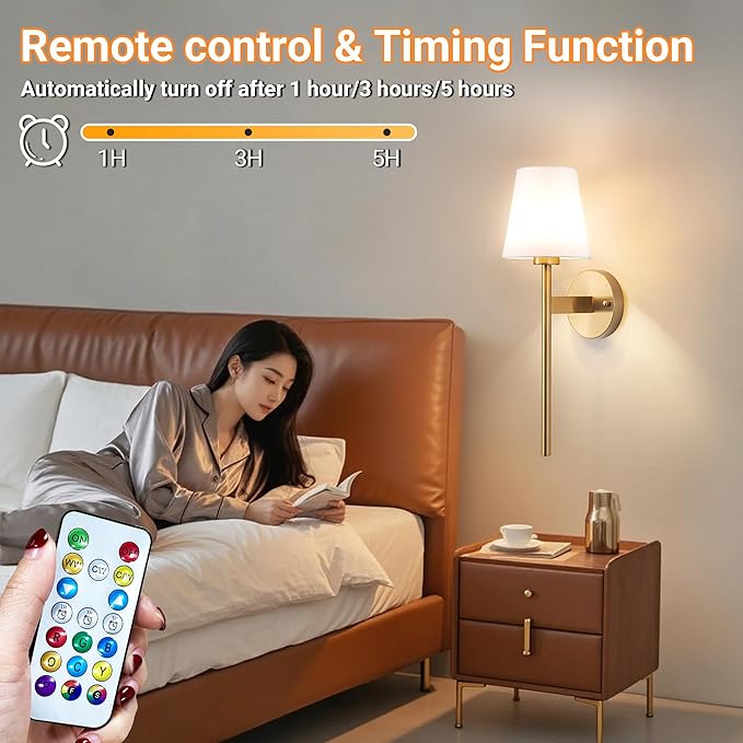 Battery Operated Wall Sconces Set Of 2, Wireless Battery Wall Light With 10000mAh RGB Rechargeable Magnetic Bulb, Rechargeable Wall Sconce With Remote Control For Bedroom, No Electrician Required