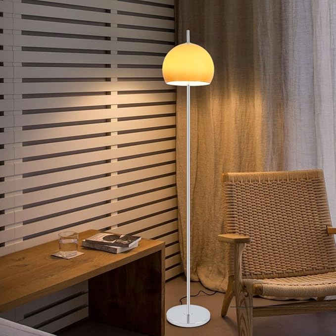 Contemporary Floor Lamp Orange Glass Bauhaus Standing Lamp Mushroom Dome Shaped Art Deco Lamp Tall Mid-Century Modern Lamps for Living Room Bedroom - Silver Base