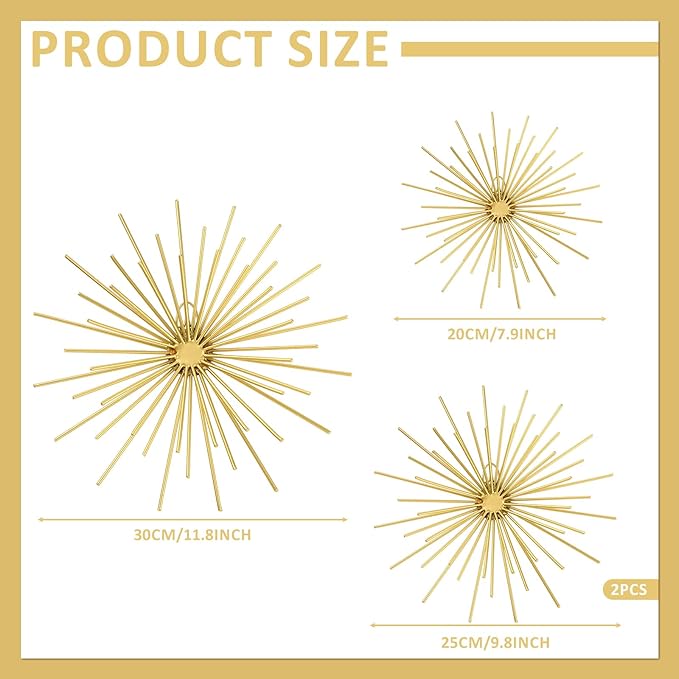 Shimeyao 4 Pcs Metal Starburst Wall Decor Gold Metal Wall Art 3D Spike Bling Finish Star Burst Hangings Accents Sculptures Set Modern Mid Century Decorations for Living Room Bedroom Entryway