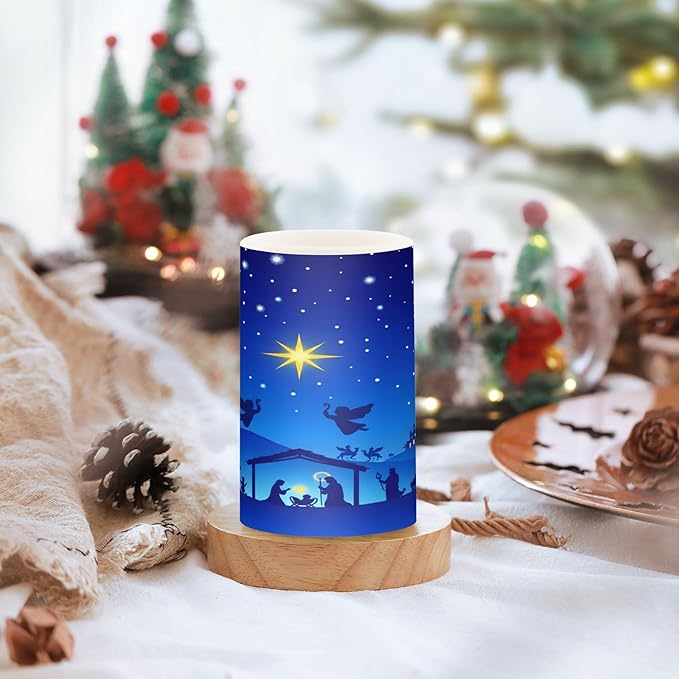 ALAZA Christmas Blue Nativity Scene Flickering Flameless Candles Battery Operated with Remote Timer,Tea Light Candles LED Pillar Votive Candles Set of 2 for Outdoor Indoor Decorations