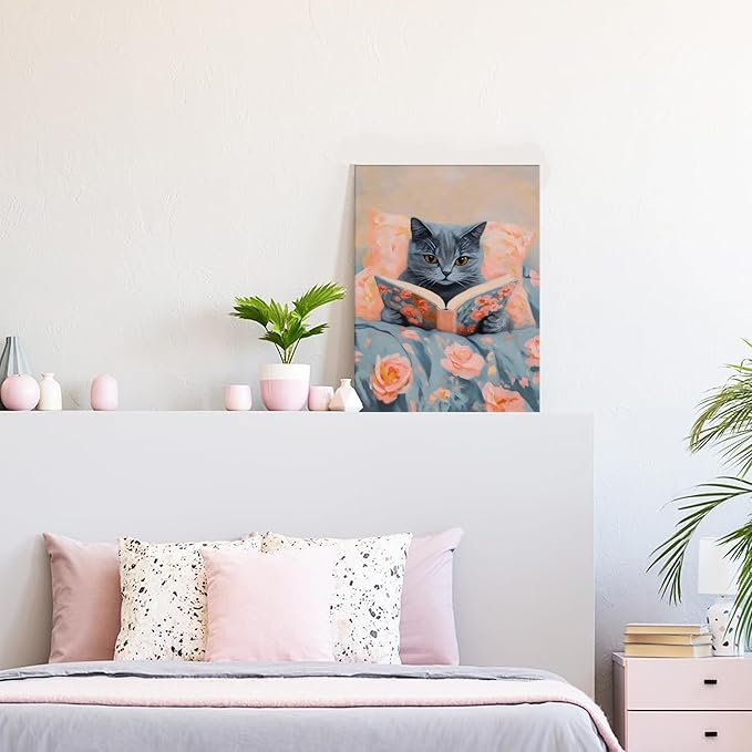 Framed Cat Reading Book Canvas Wall Art, Cute Gray Kitten Painting Print, Funny Animal Lovers Picture Wall Decor for Bedroom Living Room Kids Room Girls Room Home Decor 16x24 Inch