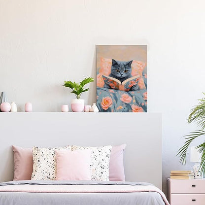 Framed Cat Reading Book Canvas Wall Art, Cute Gray Kitten Painting Print, Funny Animal Lovers Picture Wall Decor for Bedroom Living Room Kids Room Girls Room Home Decor 12x16 Inch