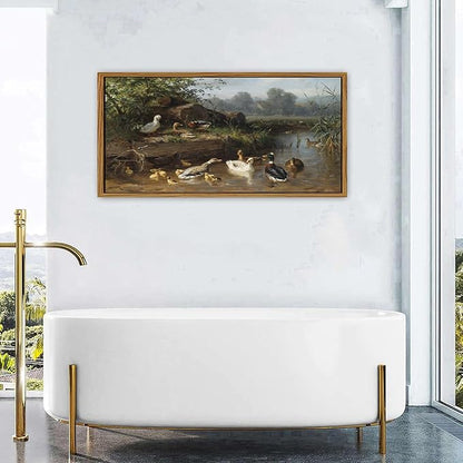 Countryside Landscape Wall Art Framed Duck Wall Decor Vintage Picture Classical Country Field Canvas Painting Prints Poster Farmhouse Animals Scenic Artwork for Living Room Home Decorations 24x48