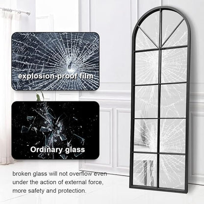 65×22" Arched Window Finished Full Length Mirror, Wall Mirror with Metal Frame, Home Decor Windowpane Mirror, Wall Mounted or Leaning, No Stand - Black