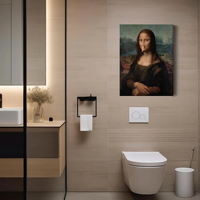 FWAHREN Funny Mona Lisa Bathroom Canvas Wall Art, Framed Vintage Painting Pictures Artwork, Black and White Mona Lisa with Clothespin Nose Poster Wall Decor for Restroom Toilet, Wrapped Canvas 12x16in