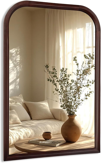 Wood Bathroom Mirror for Wall,Arched 24 x 36 inch Hanging Vanity Dark Brown Tempered Mirrors with Rounded Corner for Living Room,Bedroom,Entryway