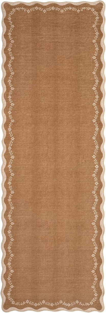 GarveeHome 2.5x8 Scalloped Washable Runner Rug for Kitchen, Soft Brown Long Hallway Runner Non Slip Entryway Rug Farmhouse Thin Laundry Mat Stain Resistant Carpet for Bathroom Beside Rug