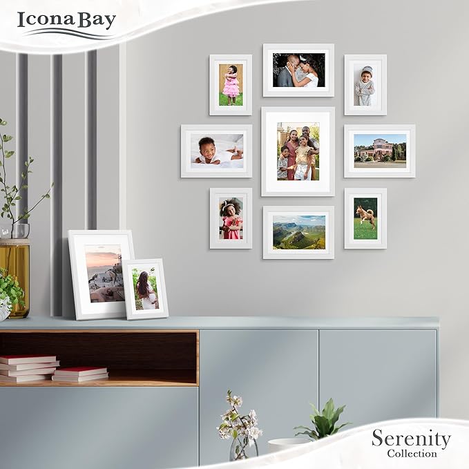 Icona Bay 8x10 Picture Frames w/Removable Mat for 5x7 Photos (White, 10 Pack), Sleek Modern Style Frames, Table Top or Wall Mount, Serenity Collection