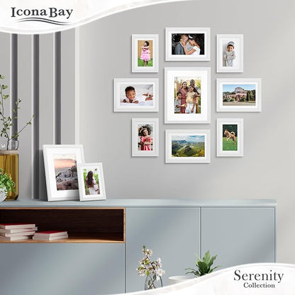 Icona Bay 8x10 Picture Frames w/Removable Mat for 5x7 Photos (White, 10 Pack), Sleek Modern Style Frames, Table Top or Wall Mount, Serenity Collection