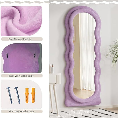 Dewfig Wavy Full Length Mirror with Stand, 63" x 24" Irregular Floor Mirror, Large Floor Length Mirror, Freestanding/Leaning/Wall Mounted, Flannel Wrapped Wooden Frame for Bedroom/Living Room, Purple