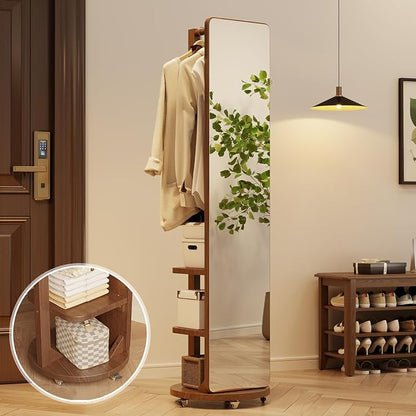 WoodsWhisper Full Length Mirror Coat Rack Solid Wood Floor Mirror 66"x12" Full Length Mirror with Stand Long Mirrors for Bedroom,Living Room (Walnut-Mobile, 66" Lx12 W)