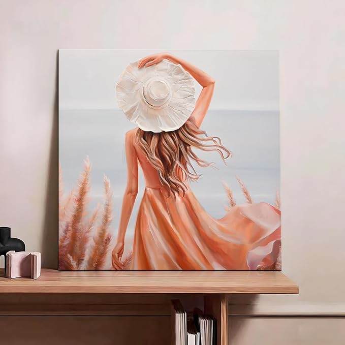Poemwish Canvas Wall Art, Wall Art for Living Room, Woman in Pink Dress at Beach Bathroom Decor, White Hat Ocean View Scene, Coastal Decor with Reeds