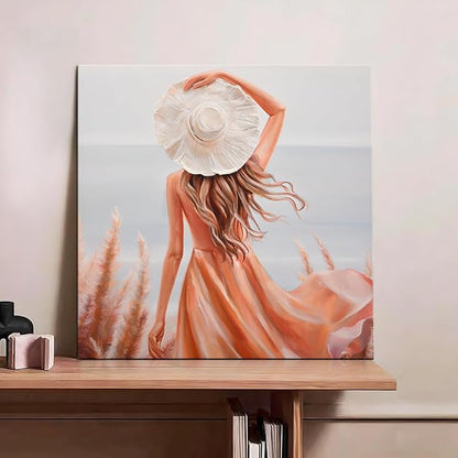 Poemwish Canvas Wall Art, Wall Art for Living Room, Woman in Pink Dress at Beach Bathroom Decor, White Hat Ocean View Scene, Coastal Decor with Reeds