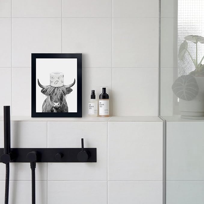 YongArt Black Framed Bathroom Decor - Funny Highland Cow Wall Art in Bathtub, 8x10''