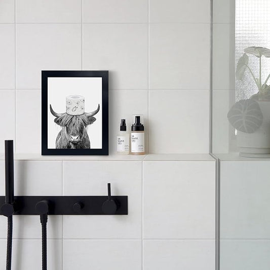YongArt Black Framed Bathroom Decor - Funny Highland Cow Wall Art in Bathtub, 8x10''
