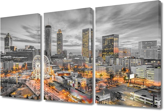 TUMOVO Atlanta Cityscape Pictures Bathroom Decor Wall Art 3 Piece American Skyscrapers Cityscape Pictures Black and White Wall Art City Skyline Office Decor Framed Ready to Hang (36" Wx24 H)