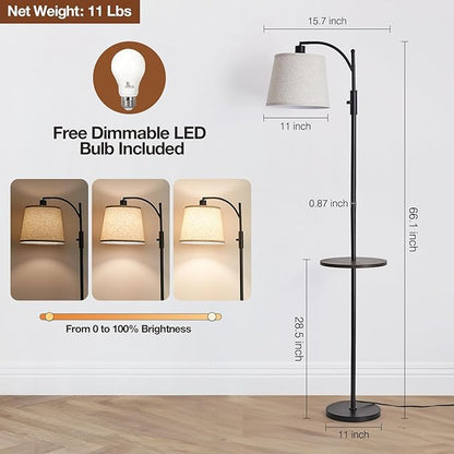 AIDENOEY Fully Dimmable Floor Lamp for Living Room，Standing Lamp Rotary Switch with Table&Linen Beige Shade，Black Tall Lamps for Bedroom with Adjust Head，9W LED Bulb Included