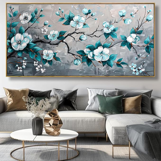 Wall Art Rustic Flowers Wall Decor Nature Wall Art Plum Blossom Canvas Painting for Bedroom Living Room Dining Room Home Office Decor 24"x48" with Framed