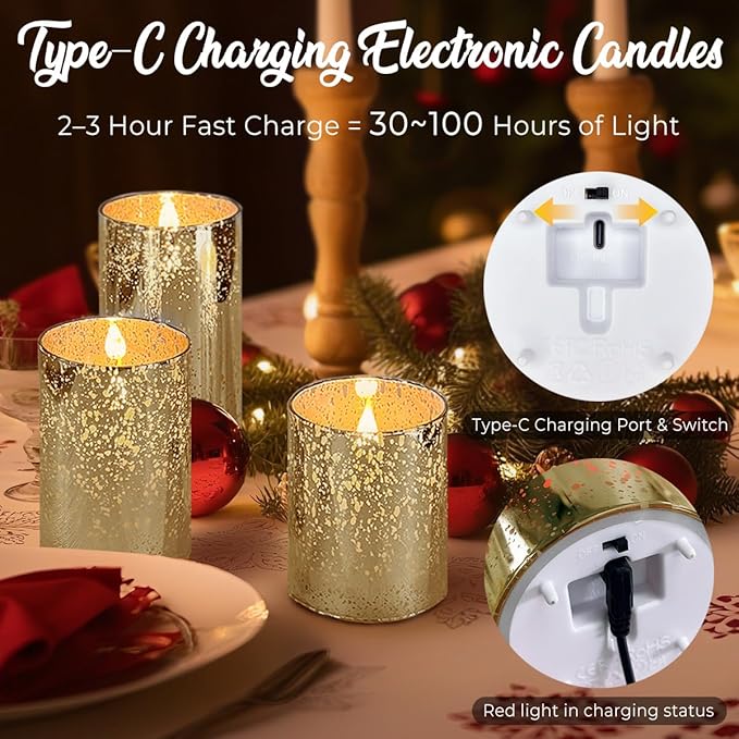 LEDHOLYT Rechargeable Flameless Candle, Flickering LED Pillar Glass Fake Candle with Remote and Timer, Built-in Battery Real Wax Electronic Candle for Room Decoration, Set of 3