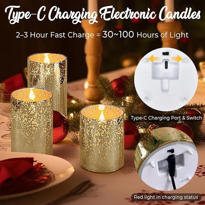 LEDHOLYT Rechargeable Flameless Candle, Flickering LED Pillar Glass Fake Candle with Remote and Timer, Built-in Battery Real Wax Electronic Candle for Room Decoration, Set of 3