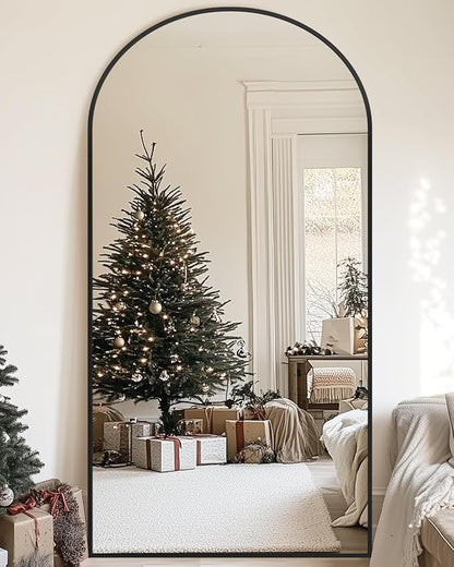 78"×38" Arched Full Length Floor Mirror, Standing Mirror with Aluminum Frame, Large Body Mirror of Free Standing/Wall Mount/Leaning for Bedroom, Living Room, Dressing Room, Black