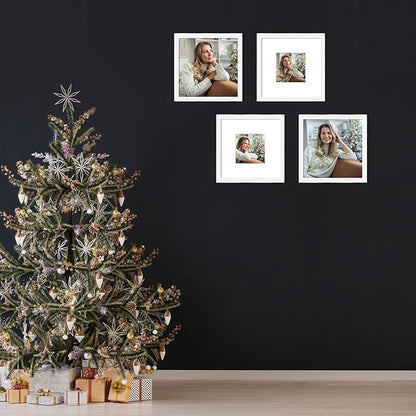 8x8 Picture Frame Set of 9, Display Pictures 4x4 with Mat or 8x8 without Mat, Multi Collage Gallery Square Photo Frames for Wall or Tabletop, White