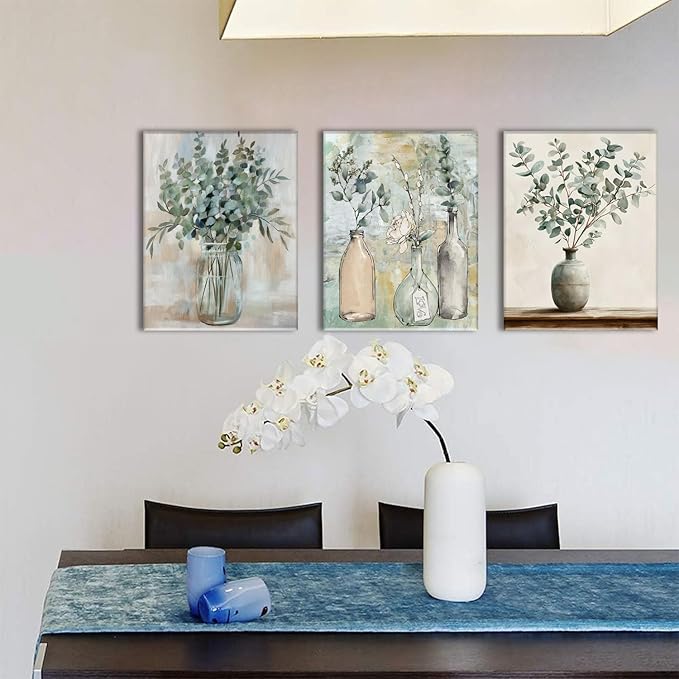 AOYUSMO 3 Piece Sage Green Eucalyptus Vase Canvas Wall Art for Kitchen Boho Botanical Framed Wall Art Floral Farmhouse Neutral Prints Artwork For Dining Room Living Room 12"x16"