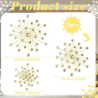 Blulu 4 Pcs Metal Wall Decor Bling Crystal Wall Art Cast Iron Rhinestones Sunburst Decor Starburst Art Hanging Diamond Accents Home Decorative for Living Room Bedroom Entryway(Gold)