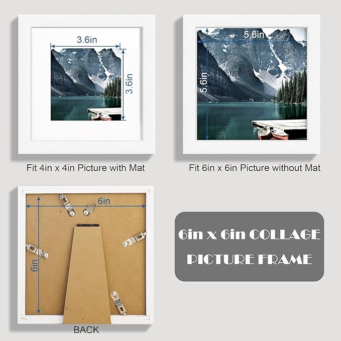 Hongkee 6x6 White Picture Frames set of 3, Made of Wooden and Real Glass Square Photo frame - Displays 4x4 Picture With Mat or 6 x 6 Without Mat, Desktop & Wall Collage Frame set