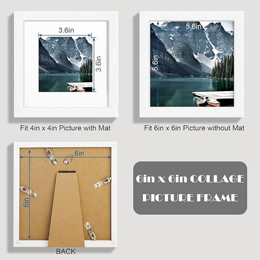 Hongkee 6x6 White Picture Frames set of 3, Made of Wooden and Real Glass Square Photo frame - Displays 4x4 Picture With Mat or 6 x 6 Without Mat, Desktop & Wall Collage Frame set