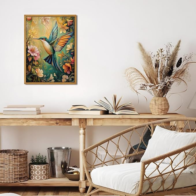 Framed Vintage Wall Art Bird Flower Canvas Wall Art Hummingbird Pictures Wall Decor Nature Botanical Prints Colorful Aesthetic Artwork Paintings for Living Room Bedroom Bathroom 16x24in