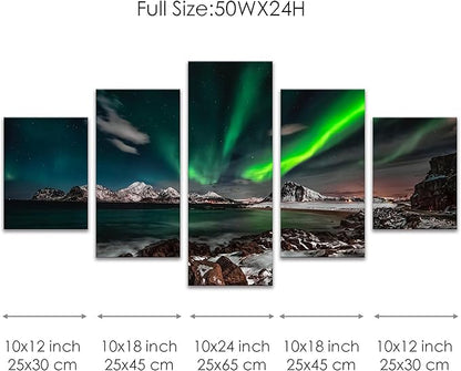 SKASNFAI 5 Piece Alaska Picture Framed Northern Lights Wall Art Green Aurora Borealis Scenery Canvas Wall Decor for Living Room Office Artwork 50x24