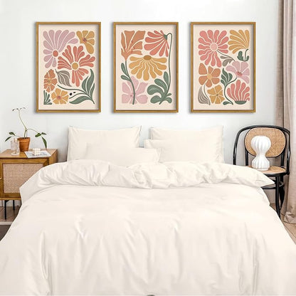 TBKHUDBI Framed Boho Flower Wall Art Abstract Floral Canvas Pictures Prints Set of 3 Minimalist Botanical Painting Poster Flower Market Aesthetic Wall Decor for Living room Bedroom 16"x24"