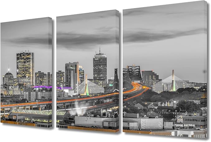 TUMOVO Boston Massachusetts USA Skyline Bathroom Decor Wall Art 3 Piece Bridges and Highways Nighttime Lightscape Black and White Wall Art Posters and Prints Framed Ready to Hang (36" Wx24 H)