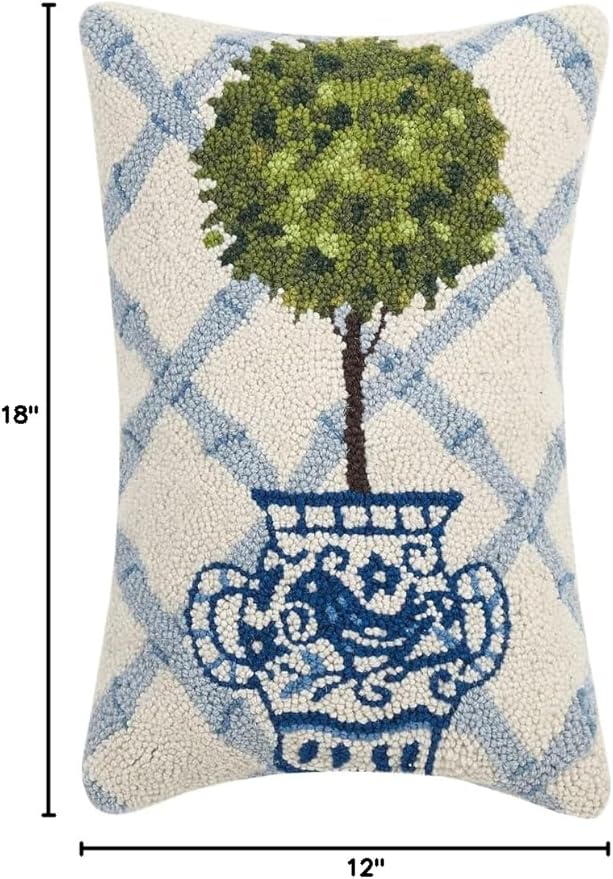 Peking Handicraft Ball Topiary in Chinoiserie Pot with Blue Trellis 12" x 18" Hooked Wool Throw Pillow with Polyfill Insert