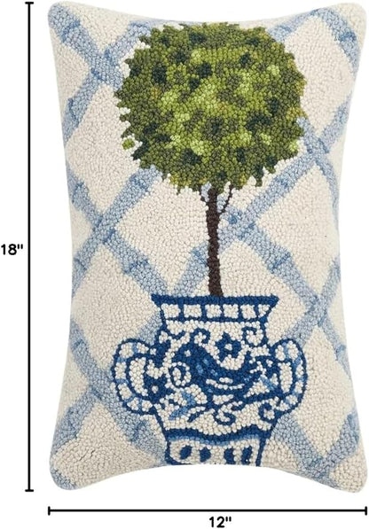 Peking Handicraft Ball Topiary in Chinoiserie Pot with Blue Trellis 12" x 18" Hooked Wool Throw Pillow with Polyfill Insert