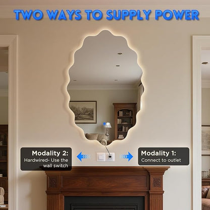 Dorlicecass Oval Wavy Led Bathroom Mirror- Vanity Mirror with Lights IP54 Enhanced Anti-Fog,Single Piece 24"x36" 3 Colors Dimmable, Memory,Tempered Glass,UL Listed
