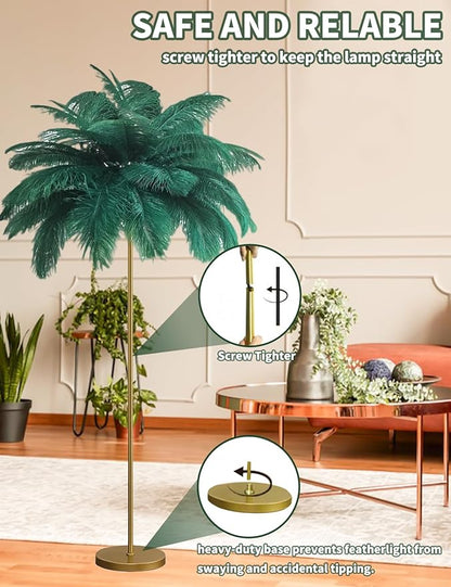 Feather Floor Lamp,Fluffy Ostrich Feather Floor Lamp for Bedroom,3 Color Temperatures Led Corner Modern Floor Lamps for Living Room Christmas Home Decor House Warming Gifts,63″ Height (Dark Green)