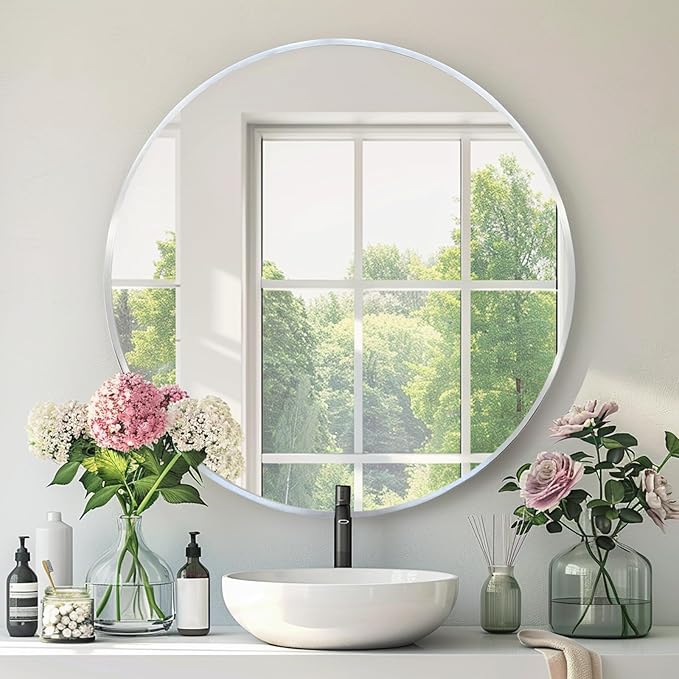 Circle Silver Mirror, Round Mirror 18 inch, Circle Wall Mirrors Metal Frame, Round Wall Mounted Mirrors for Bathroom, Living Room, Bedroom, Rustic, Vanity, Entryway