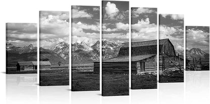 LevvArts XLarge 7 Pieces Barn Wall Art Black and White Moulton Barn Picture Prints Wyoming Landscape Artwork for Home Living Room Decor Framed 70" W x 32" H