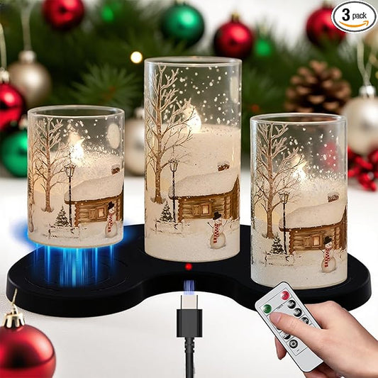 Snowman Glass Flameless Candles Rechargeable Battery Operated with Remote and Timer Real Wax LED Flickering Pillar Candles White Cold Light Window Christmas Holiday Decor D3 x 4",5",6"